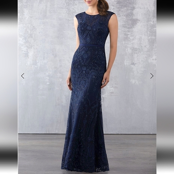 Mori Lee Navy Blue Maxi Dress - Picture 1 of 14
